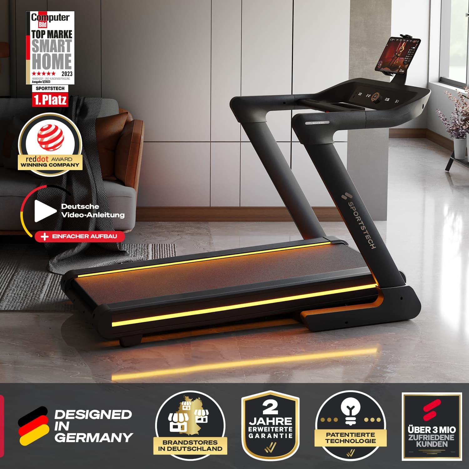Sportstech sTread Pro/Lite Laufband klappbar für Zuhause – bis 20 km/h, 15–17 % Steigung, 150 kg max., LEDs, APP-kompatibel, leiser 7 PS Motor, große Lauffläche – Deutsche Qualitätsmarke