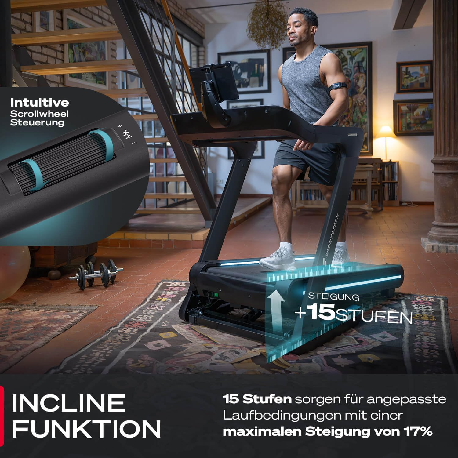 Sportstech sTread Pro/Lite Laufband klappbar für Zuhause – bis 20 km/h, 15–17 % Steigung, 150 kg max., LEDs, APP-kompatibel, leiser 7 PS Motor, große Lauffläche – Deutsche Qualitätsmarke