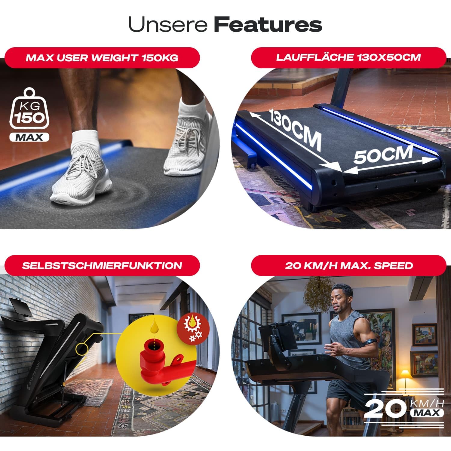 Sportstech sTread Pro/Lite Laufband klappbar für Zuhause – bis 20 km/h, 15–17 % Steigung, 150 kg max., LEDs, APP-kompatibel, leiser 7 PS Motor, große Lauffläche – Deutsche Qualitätsmarke