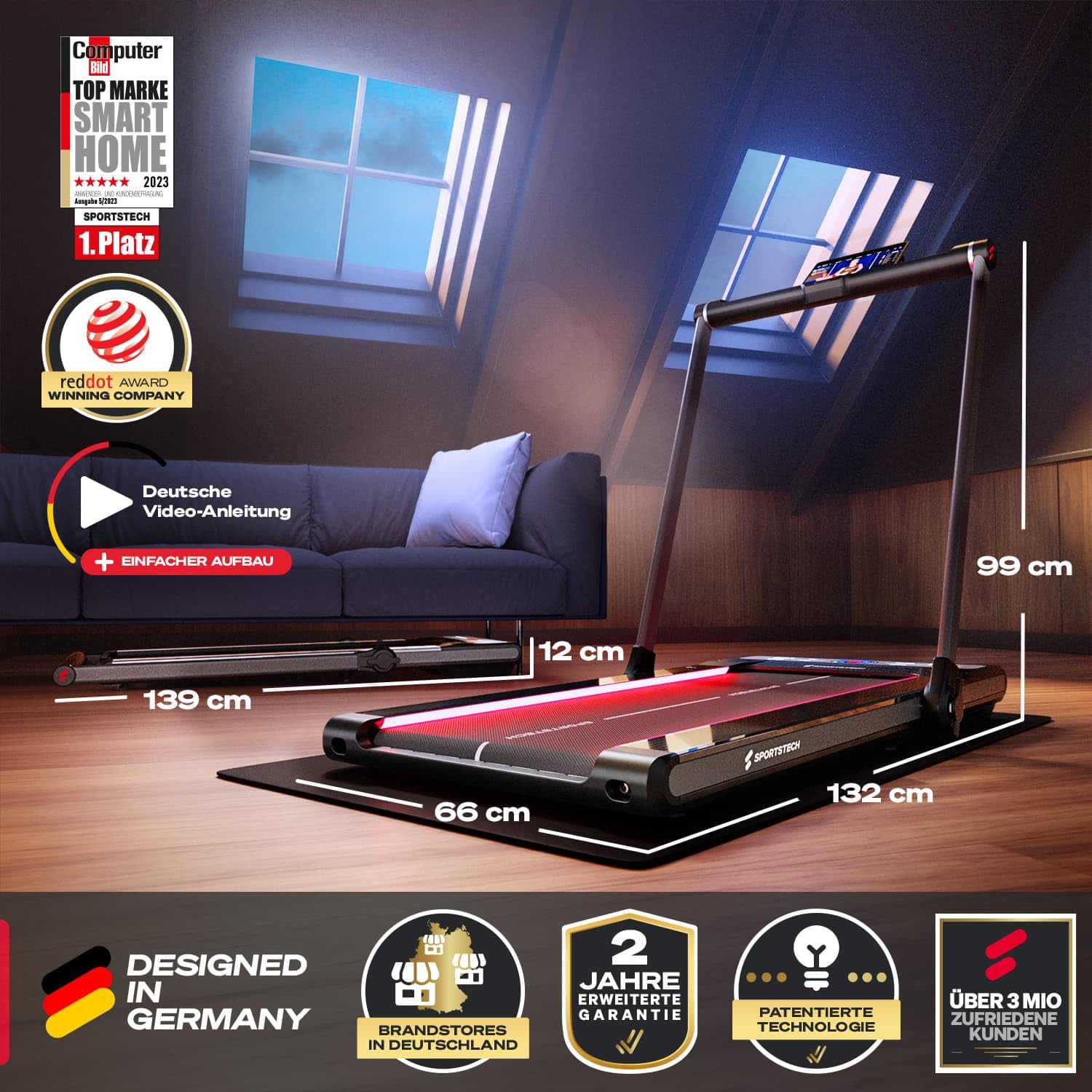 Sportstech sWalk Plus - 2in1 LED Laufband und Walking Pad - Deutsche Qualitätsmarke - Laufband für Zuhause und Schreibtisch bis 14 km/h, klappbar - Bluetooth APP - 3,5 PS Fitness Treadmill bis 120kg