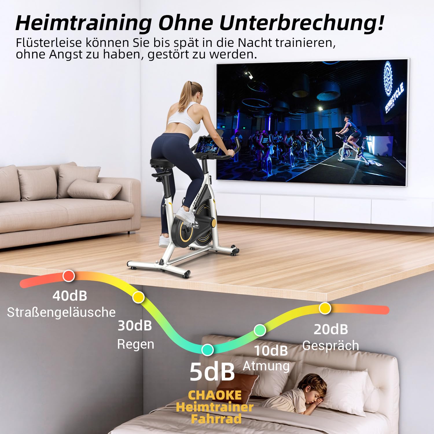 Heimtrainer Fahrrad mit App, CHAOKE Profi Ultra-Leiser Indoor-Hometrainer mit Magnetwiderstand, Ergometer Heimtrainer mit V-Stabil-Basis, Superweichem und Atmungsaktivem Sitz, Bis 160KG