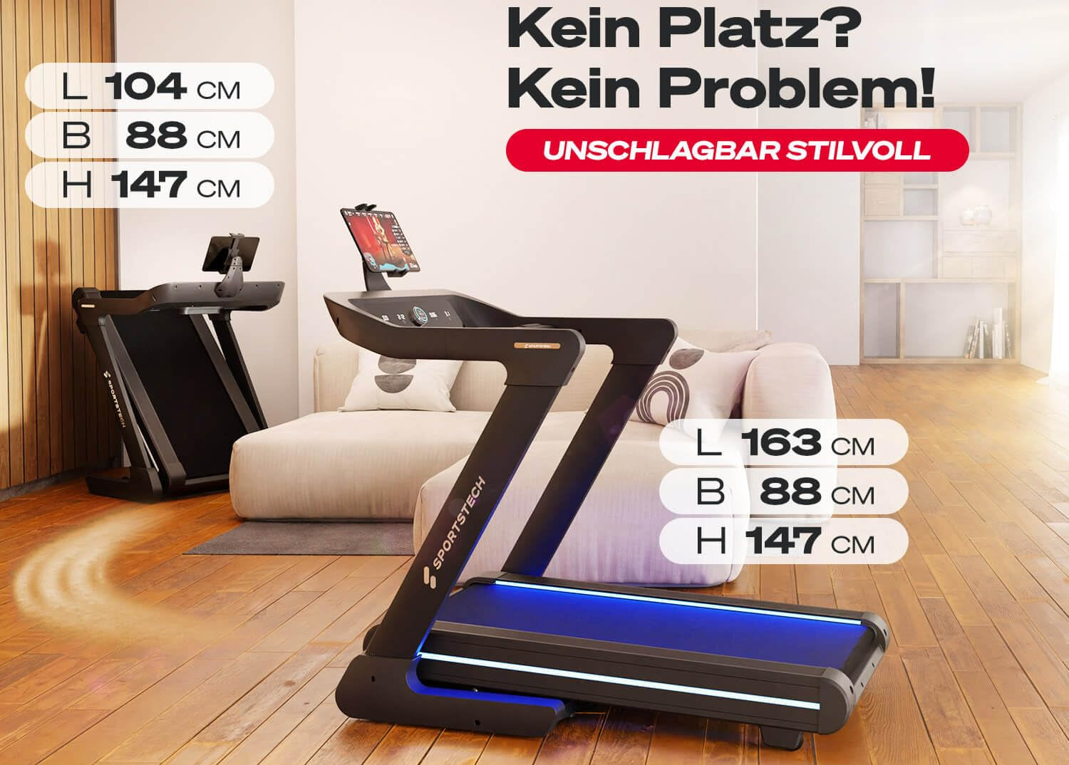 Sportstech sTread Pro/Lite Laufband klappbar für Zuhause – bis 20 km/h, 15–17 % Steigung, 150 kg max., LEDs, APP-kompatibel, leiser 7 PS Motor, große Lauffläche – Deutsche Qualitätsmarke