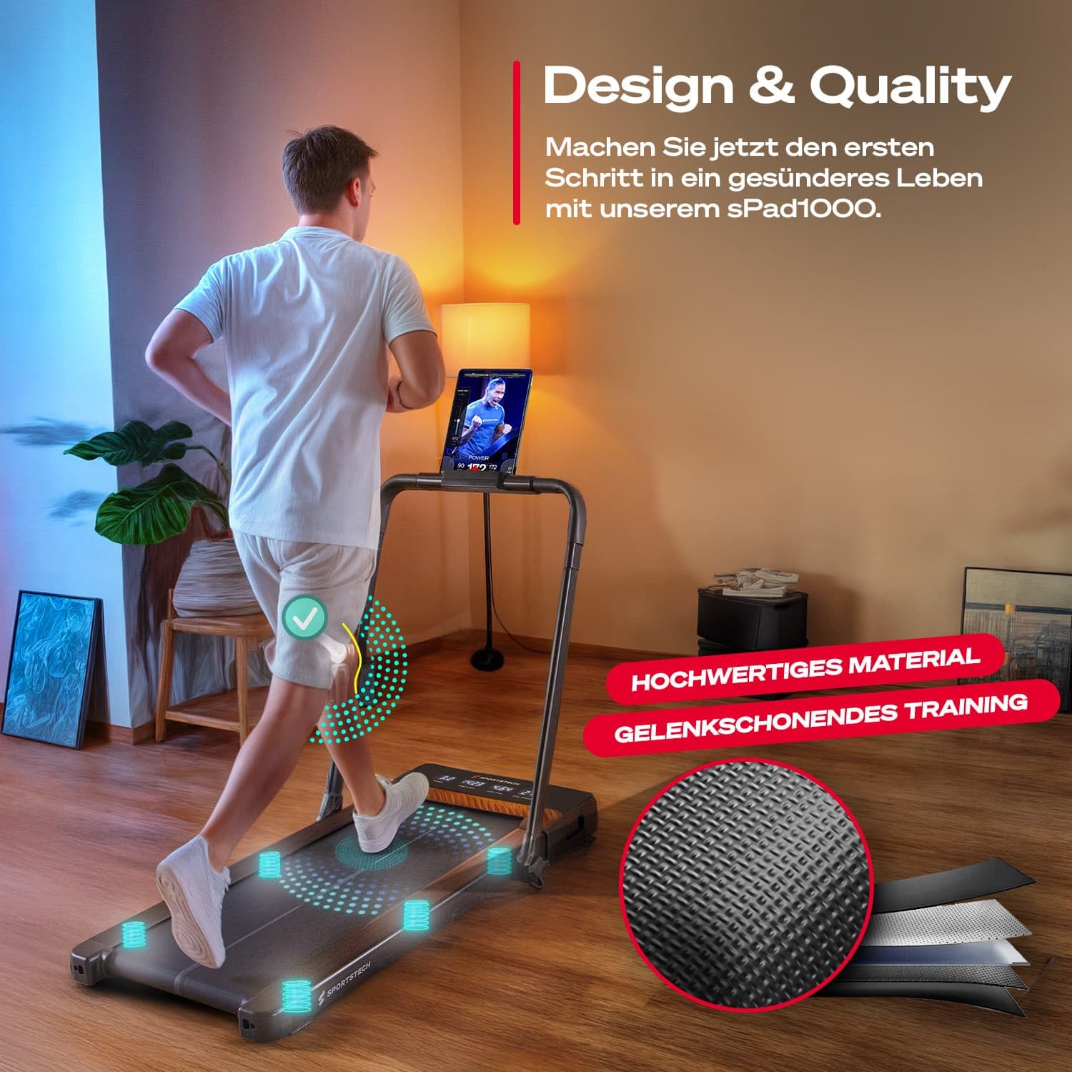 Sportstech Walking Pad, Laufband für Zuhause und Schreibtisch, automatische Steigung bis 19%, LED-Display, Home Office, kompakt, leise, App, Fitnessgerät für Zuhause, Treadmill sPad1000