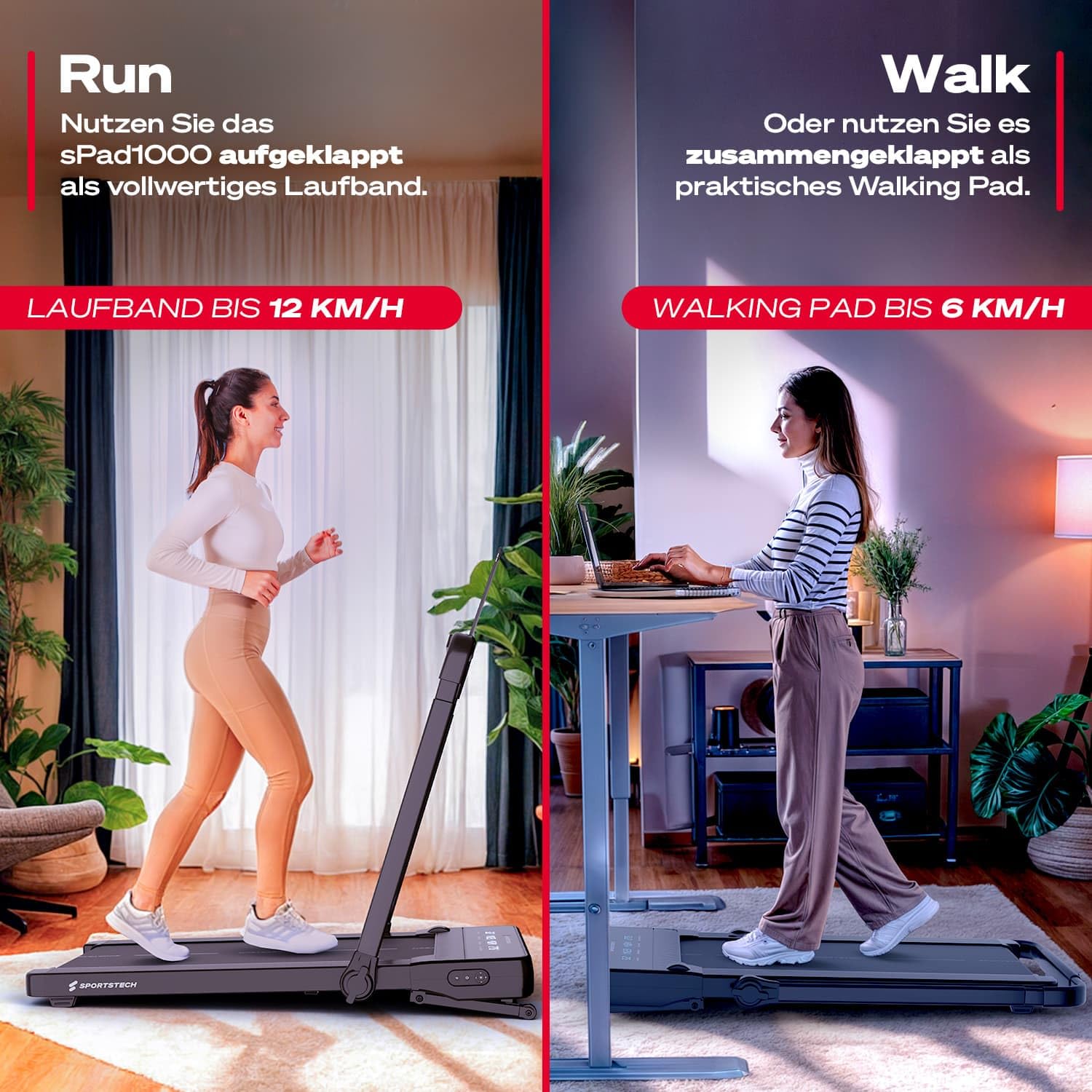 Sportstech Walking Pad, Laufband für Zuhause und Schreibtisch, automatische Steigung bis 19%, LED-Display, Home Office, kompakt, leise, App, Fitnessgerät für Zuhause, Treadmill sPad1000