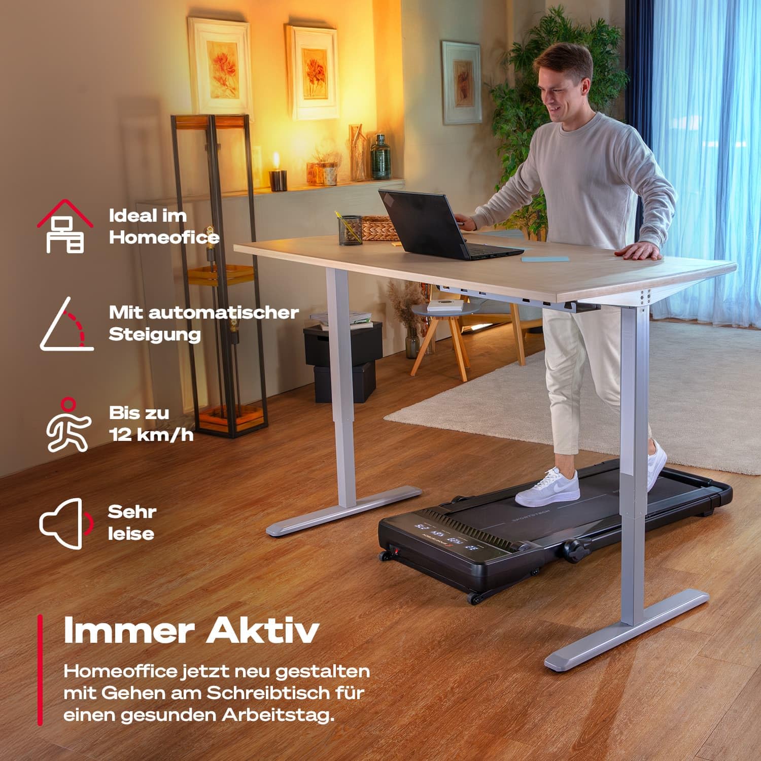 Sportstech Walking Pad, Laufband für Zuhause und Schreibtisch, automatische Steigung bis 19%, LED-Display, Home Office, kompakt, leise, App, Fitnessgerät für Zuhause, Treadmill sPad1000