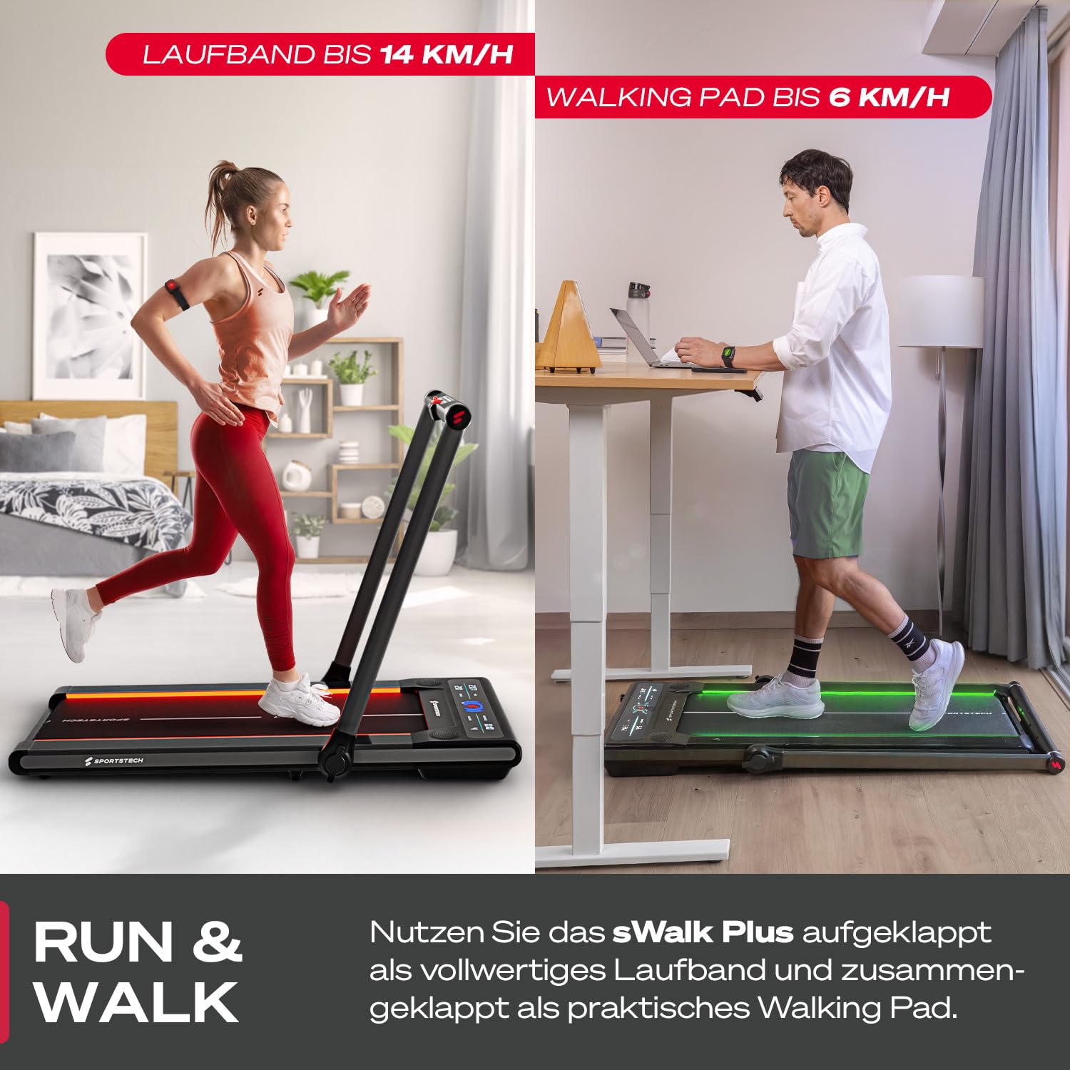 Sportstech sWalk Plus - 2in1 LED Laufband und Walking Pad - Deutsche Qualitätsmarke - Laufband für Zuhause und Schreibtisch bis 14 km/h, klappbar - Bluetooth APP - 3,5 PS Fitness Treadmill bis 120kg