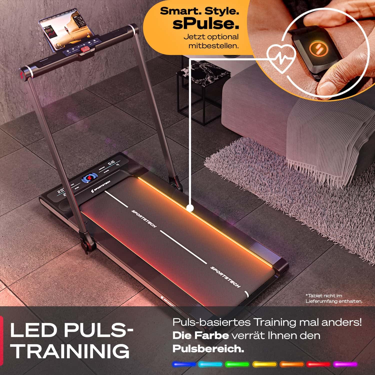 Sportstech sWalk Plus - 2in1 LED Laufband und Walking Pad - Deutsche Qualitätsmarke - Laufband für Zuhause und Schreibtisch bis 14 km/h, klappbar - Bluetooth APP - 3,5 PS Fitness Treadmill bis 120kg