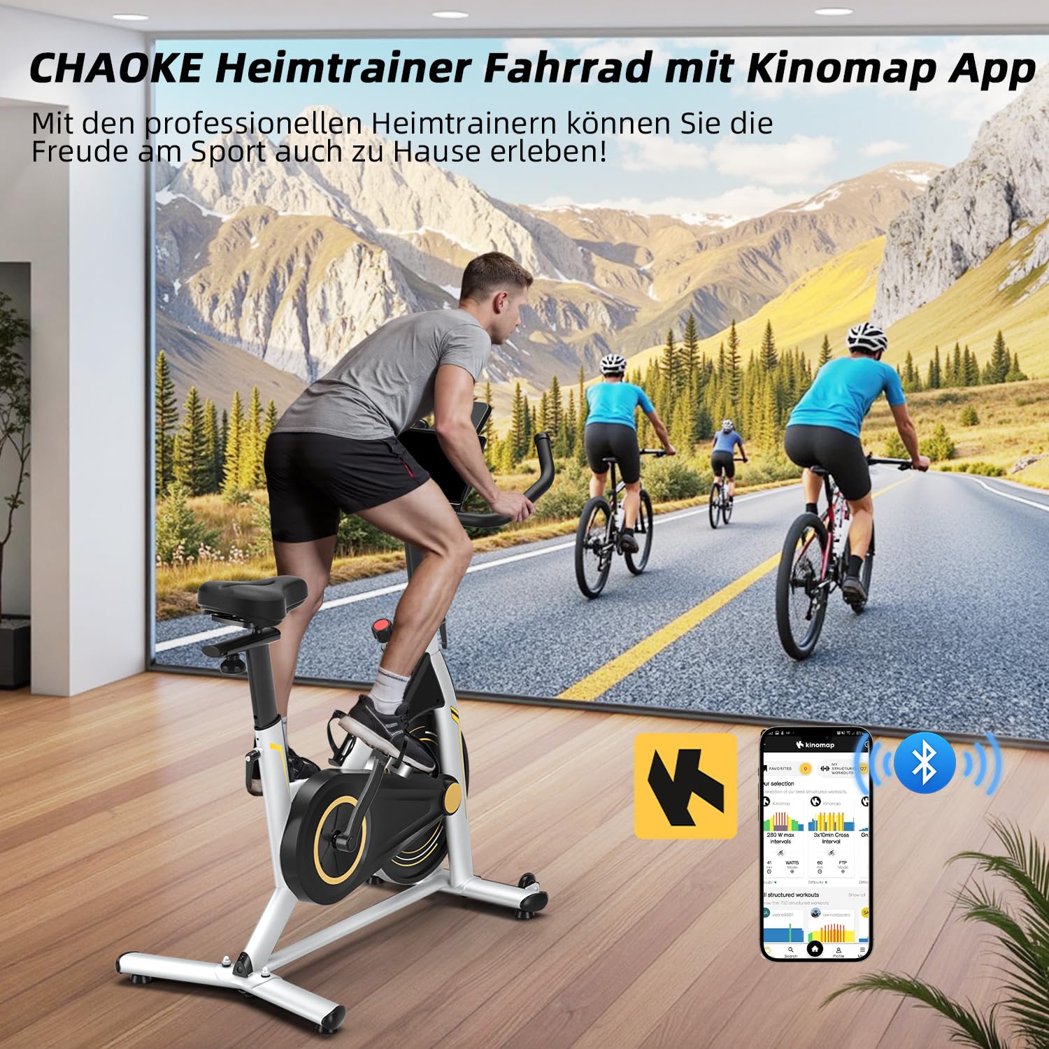 Heimtrainer Fahrrad mit App, CHAOKE Profi Ultra-Leiser Indoor-Hometrainer mit Magnetwiderstand, Ergometer Heimtrainer mit V-Stabil-Basis, Superweichem und Atmungsaktivem Sitz, Bis 160KG