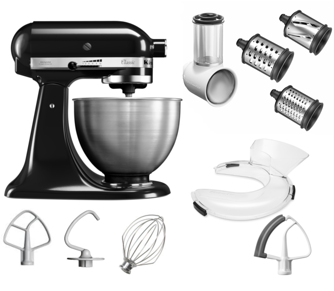 KitchenAid 4,3 L 5K45SS Classic Küchenmaschine Set 3 Gemüseschneider+Spritzschutz+Flexirührer