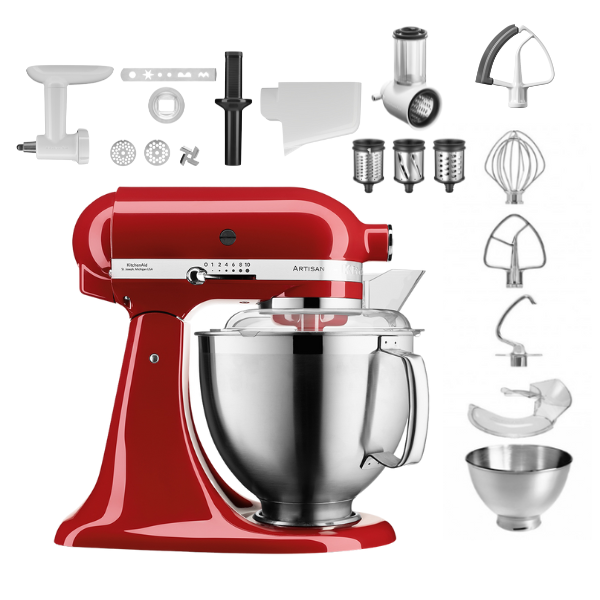 KitchenAid 4,8 L 5KSM185 Artisan Küchenmaschine Profiset Fleischwolf+Spritzgebäck+Gemüseschneider+Pürie