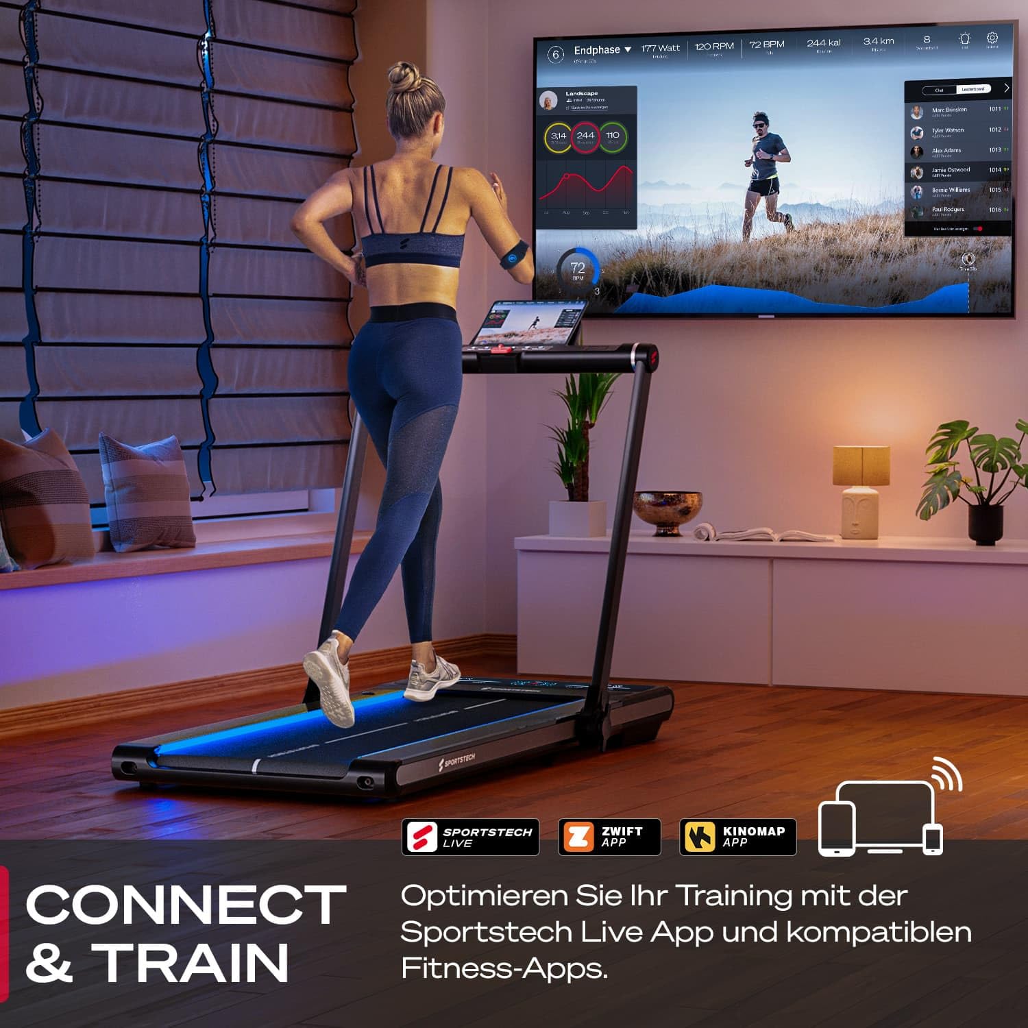 Sportstech sWalk Plus - 2in1 LED Laufband und Walking Pad - Deutsche Qualitätsmarke - Laufband für Zuhause und Schreibtisch bis 14 km/h, klappbar - Bluetooth APP - 3,5 PS Fitness Treadmill bis 120kg