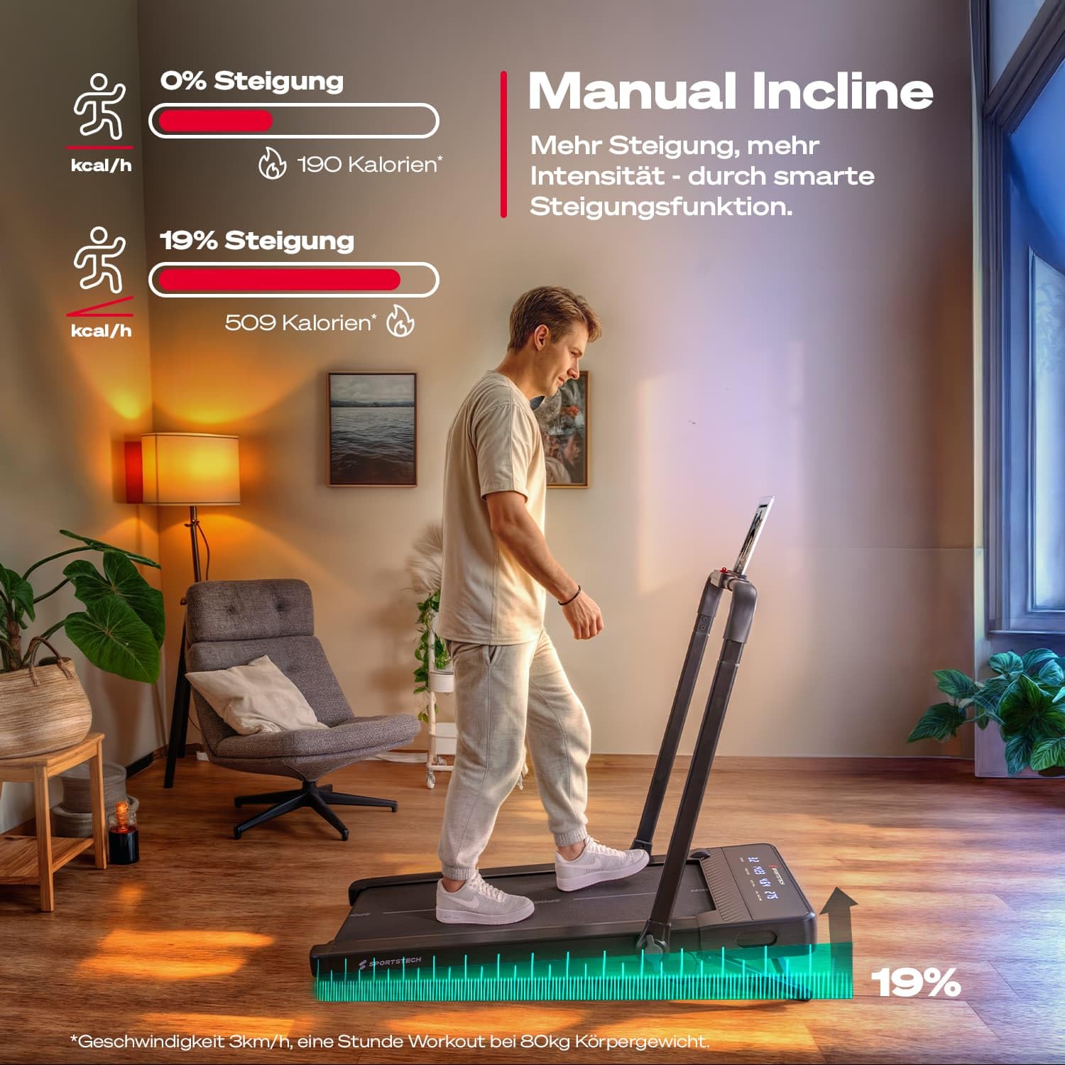 Sportstech Walking Pad, Laufband für Zuhause und Schreibtisch, automatische Steigung bis 19%, LED-Display, Home Office, kompakt, leise, App, Fitnessgerät für Zuhause, Treadmill sPad1000